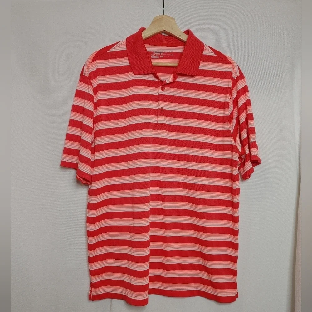 Nike Golf Standard Fit Polo Shirt Short Sleeve Pink‎ Orange White Stripe Melon L